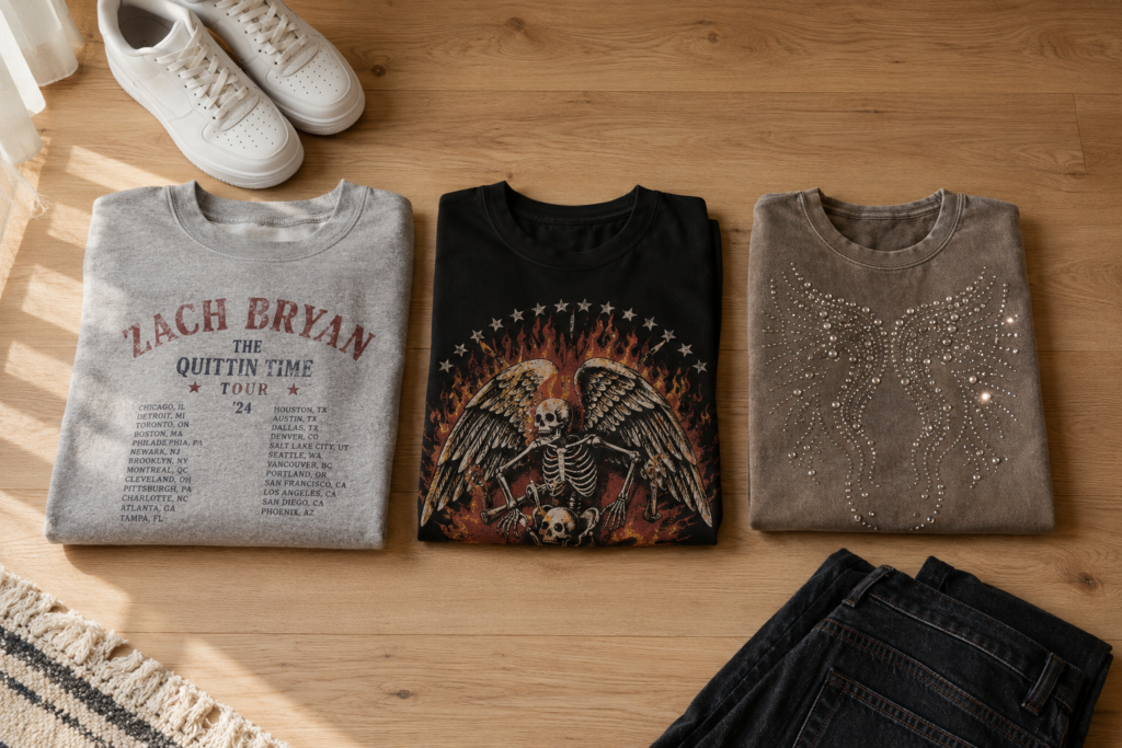 A Zach Bryan merch hoodie, a playera Amiri graphic tee, and a Mixed Emotion rhinestone shirt laid out together on a wooden surface
